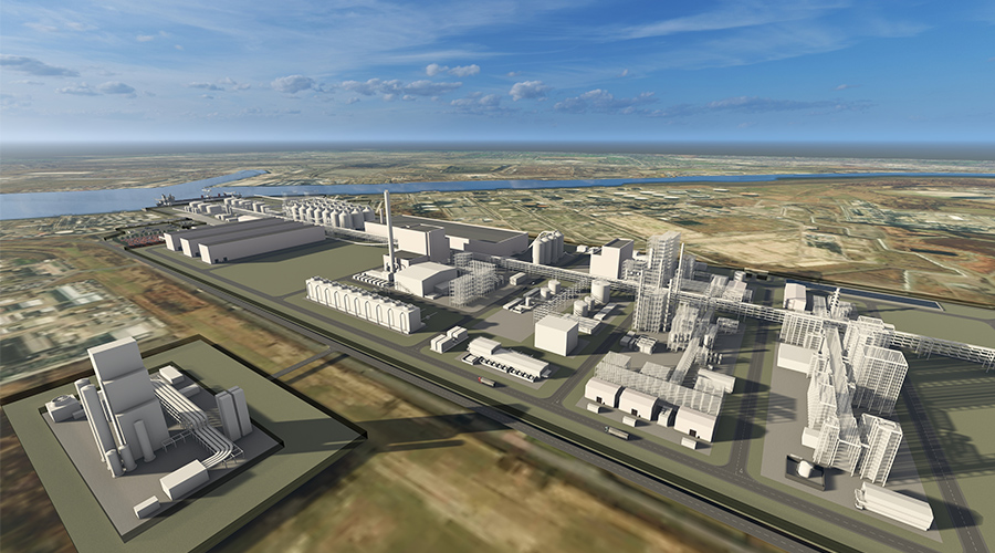 3D rendering of quay view of the Lighthouse Green Fuels SAF plant,